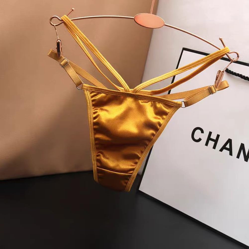 HINICE Sexy Ribbon Adjustable Lingerie Women's T-Back Panties, Satin, Smooth, Double-String, Included, Waist, Low-Rise (Black)