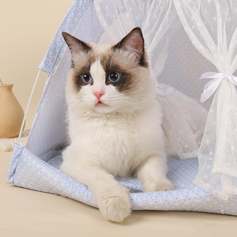 Soft Blue Cat M Pet Teepee Collapsible Removable Washable Kitten Den