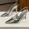 Fashion Shiny High Heels Slingback Silver Women Pumps Metallic Crystal Sandals Pointy Toe Stiletto Heeled Shoes Party Dress Shoes Woman