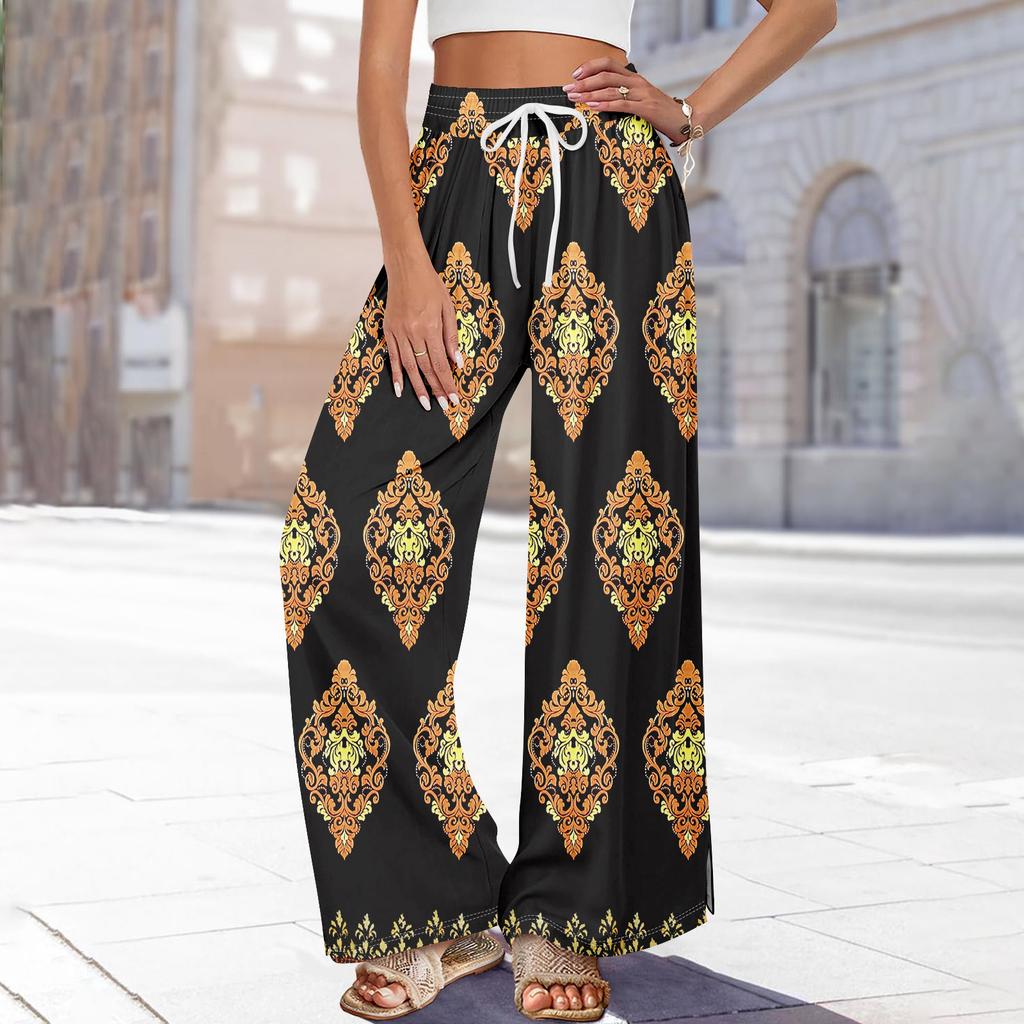 Women Summer Boho Palazzo Pants High Waist Wide Leg Floral Printing Casual Trousers With Pockets