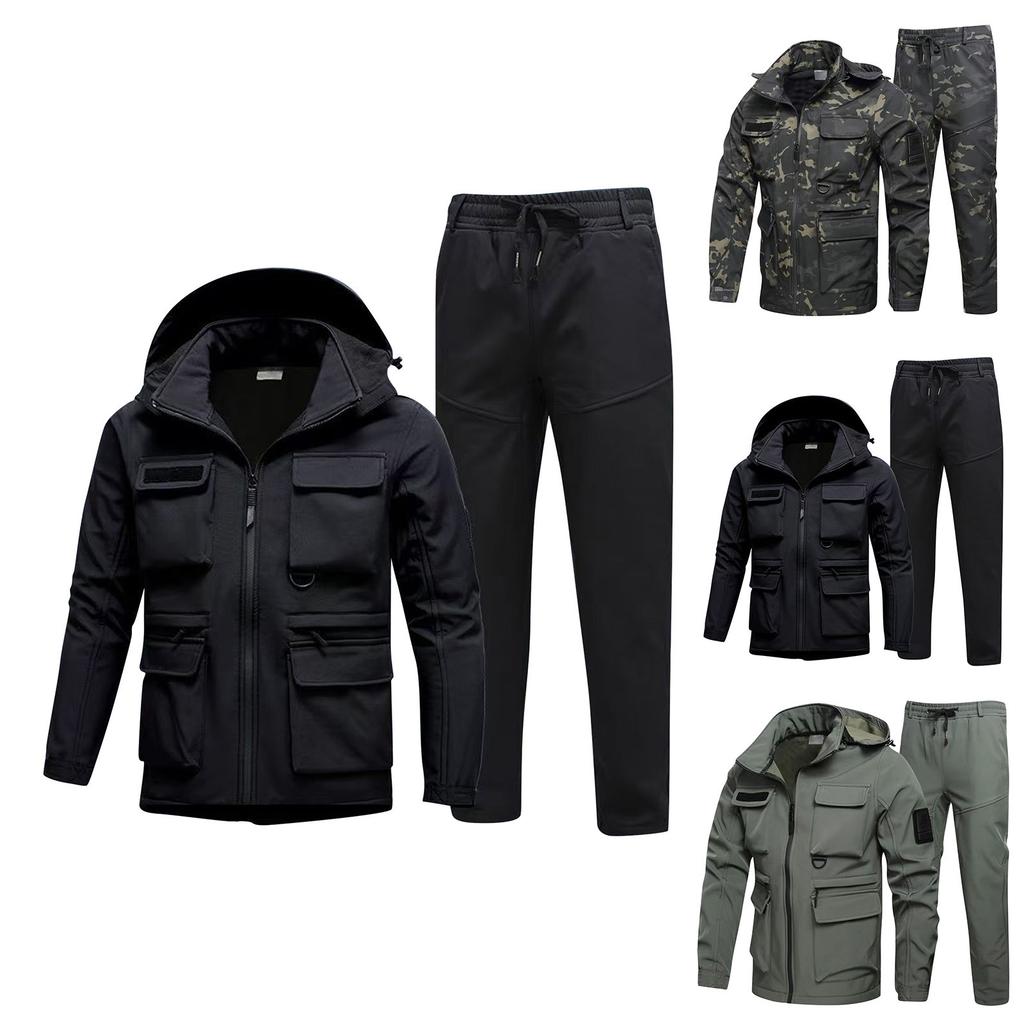 Men's Outdoor Jacket Suit Men's Plus Velvet Cold Proof Windproof Waterproof Warm Cycling Mountaineering Suit Outdoor Suit