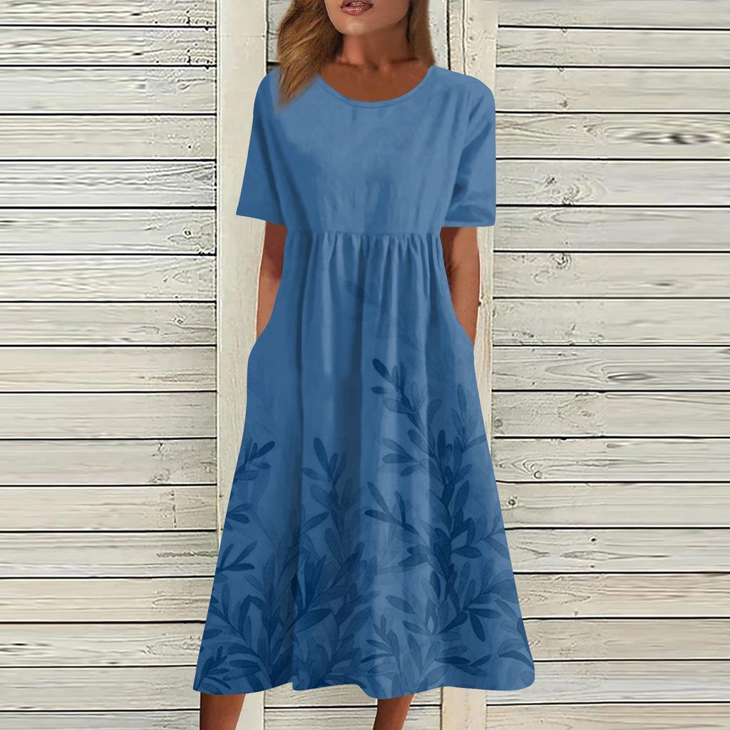 Жен. Повседневные платья Платья с принтами Летние платья С принтами Плиссированные платья-миди с круглым вырезом Классический Классический На открытом воздухе Повседневные С короткими рукавами Свободные платья