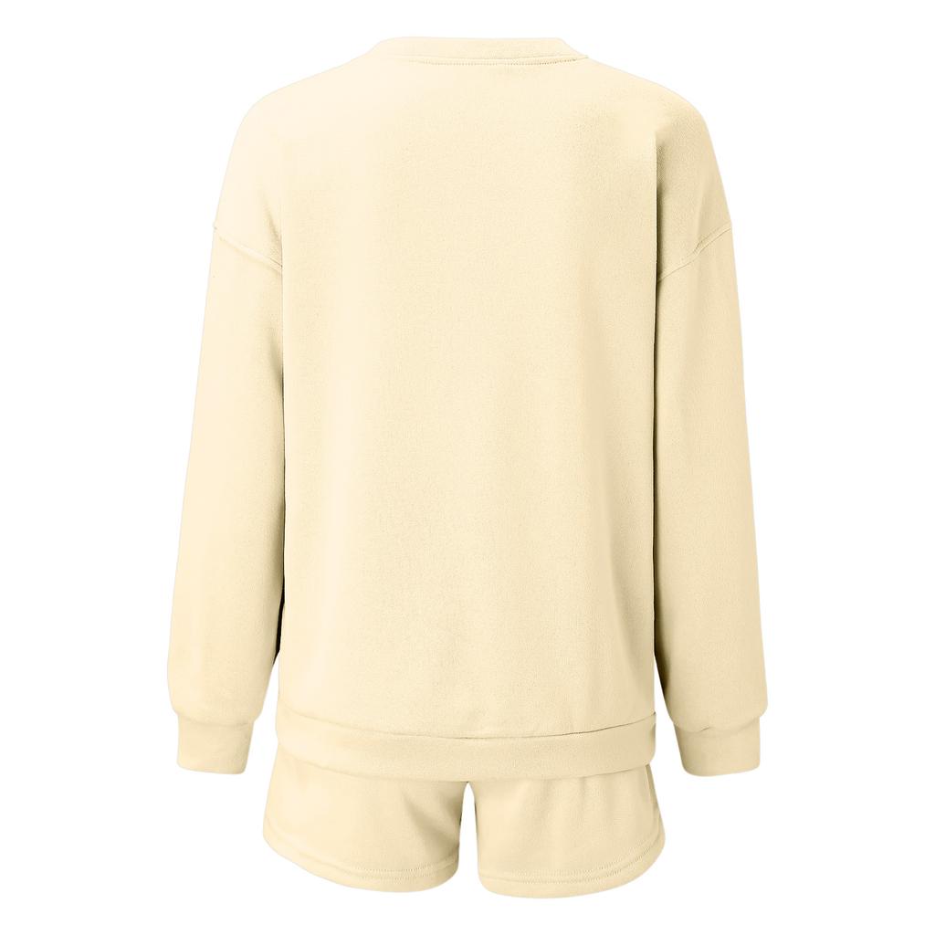 Women's Comfortable Casual Fashionable Solid Color Round Neck Sweatshirt Shorts Two-piece Set