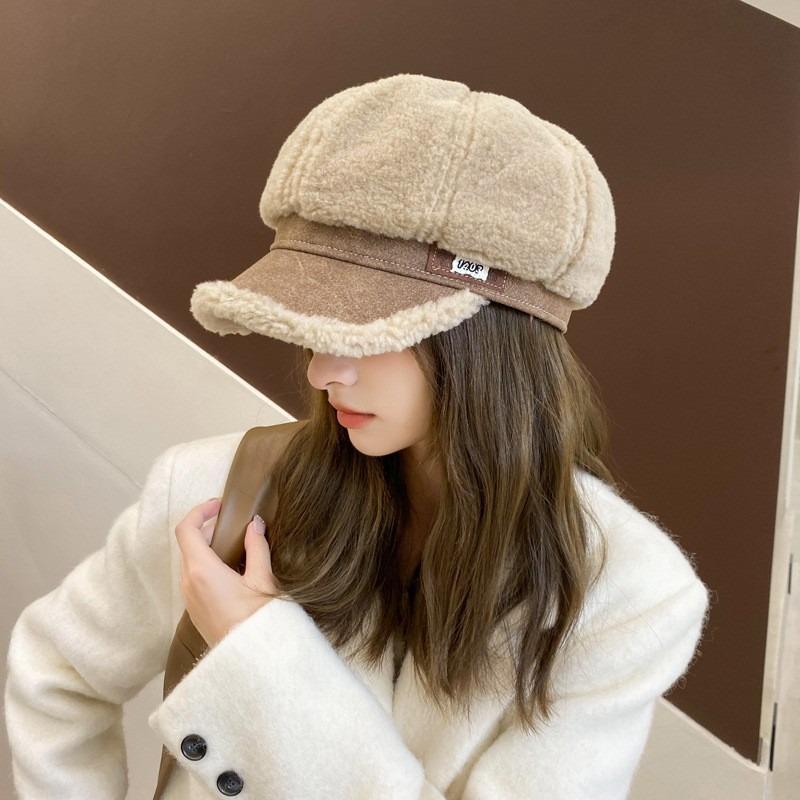 Autumn and Winter Hats Women's Imitation Lamb Wool Fashion Leather Label Octagonal Hat Warm and Cold-proof Face Cap