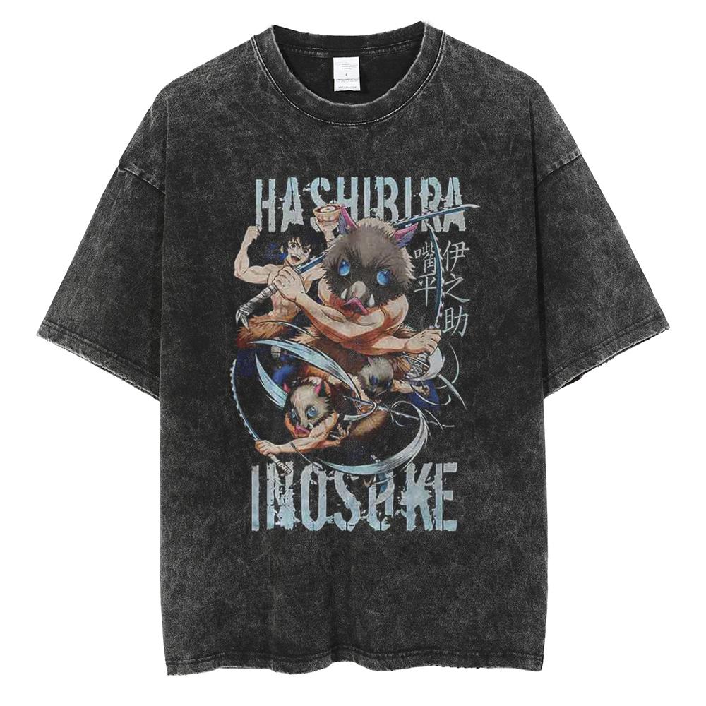 Hot Anime Demon Slayer Kokushibo Graphic Print Washed T Shirt Men Vintage Cotton Tshirts Manga Casual Tee Harajuku Male T-shirt