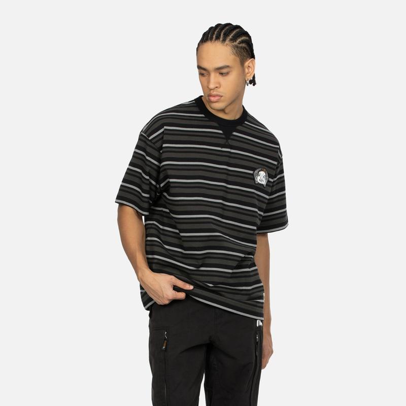 Evisu Мужская футболка с коротким рукавом в полоску с многослойной вышивкой SS24 Топы Черный 2ESHTM4TS8056LFCT
