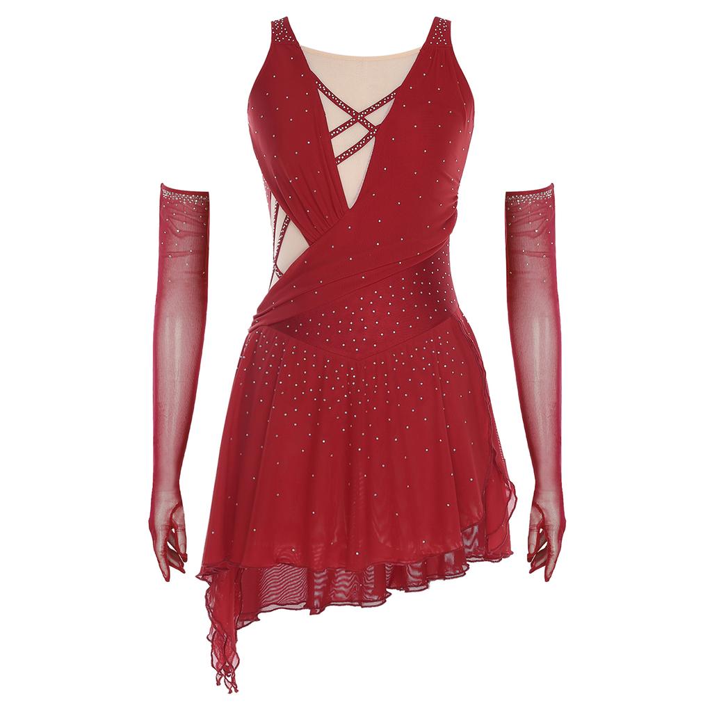 Women’s Lyrical Dance Gown Asymmetrical Hem Backless Rhinestone Detail with Mesh Gloves and Press Button Crotch Built-in Briefs S-XXL for Recital