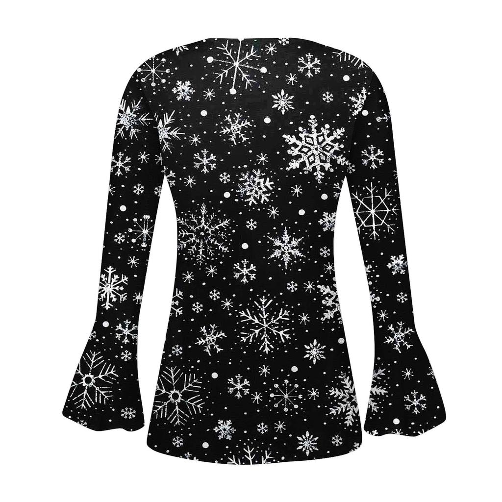 Женская модная рождественская футболка с v-образным вырезом и длинными расклешенными рукавами, плиссированная пуговица, топ