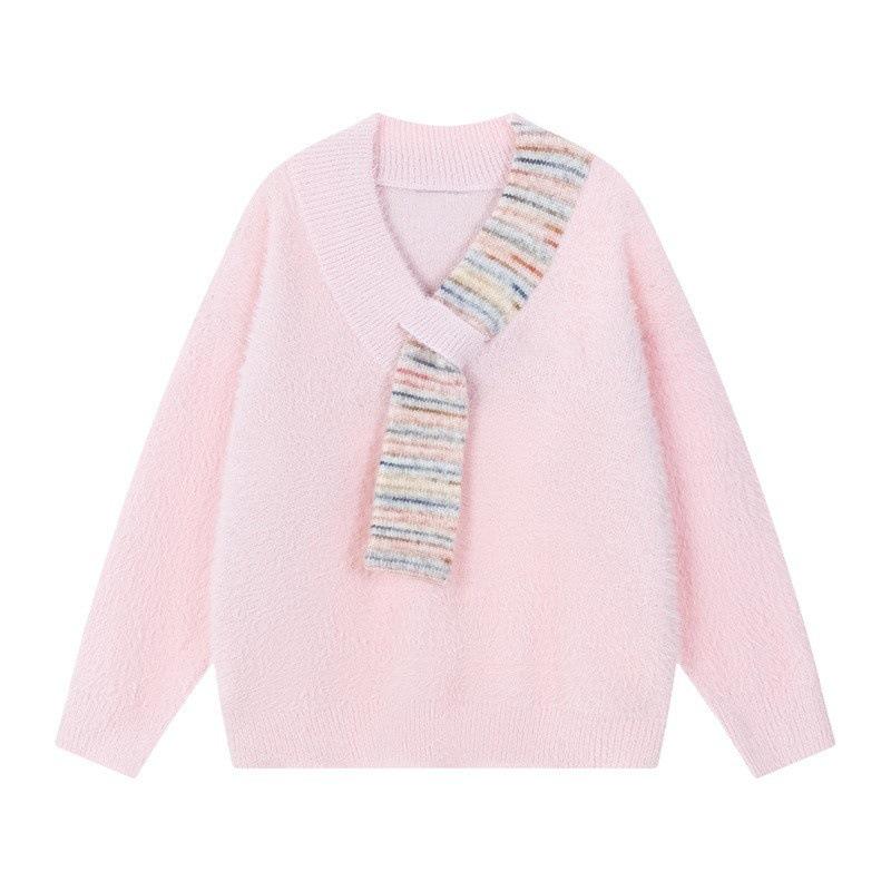 Sweet and Gentle Design In Autumn and Winter, Fake Scarf, Imitation Shao Wool Soft Sweater, Versatile Pullover