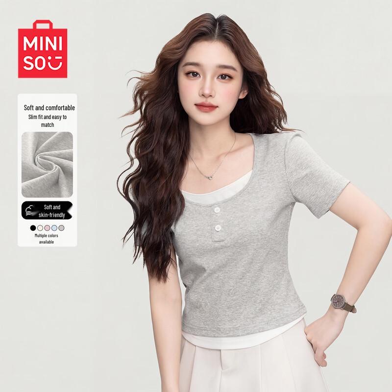 MINISO Женская футболка с квадратным вырезом и коротким рукавом