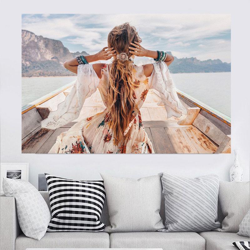 Портретные постеры для девочек в стиле бохо, холст, картина, американская девушка с перьями, женские современные настенные художественные картины для гостиной, домашний декор