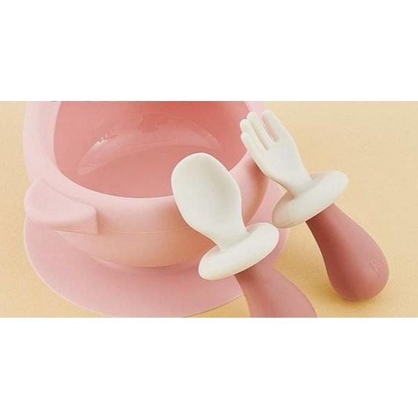 Fergie Infant Mushroom Self-directed Silicone Baby Food Spoon + Fork + Case Set, 1 Set, Dry Rose