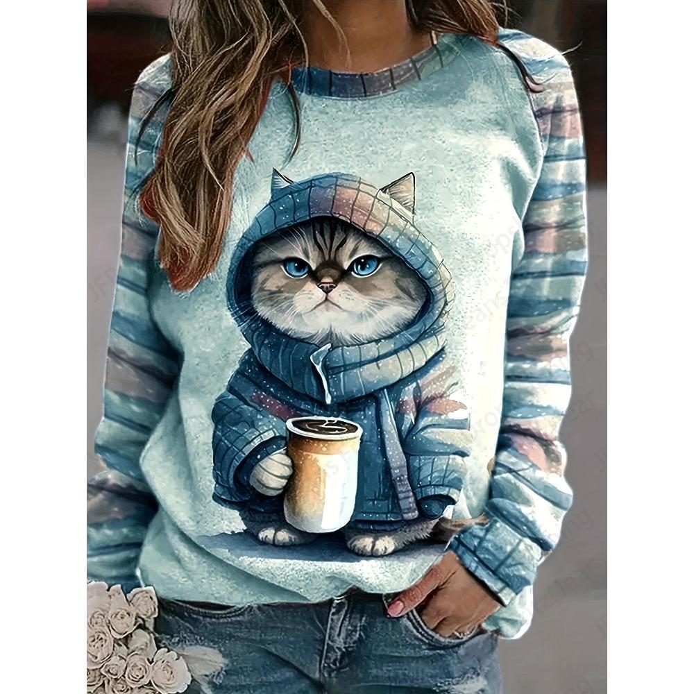 Толстовка с 3D-принтом Coffee Cat Женская мода Круглый вырез Повседневные толстовки с капюшоном Свитшоты с изображением животных и кошек Пальто для девочек Женские толстовки Женская одежда