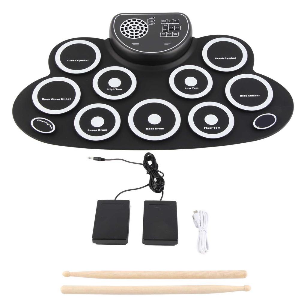 Drum Pads with Speakers Roll Up Drum Set Electronic Drum Set USB Rechargeable Speaker Kids Roll Up Drum Practice Pad White