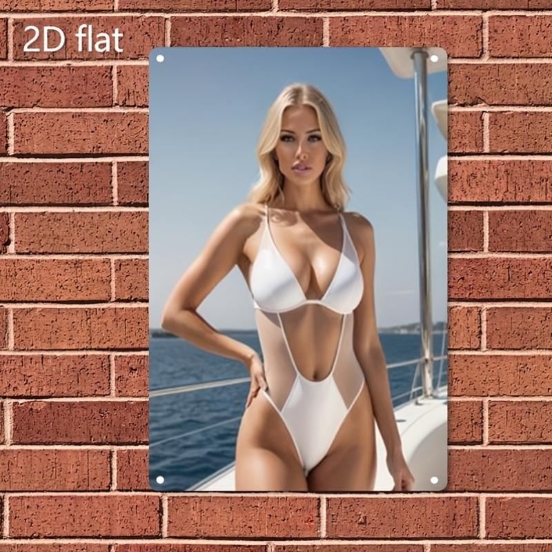 Woman in White Bikini Metal Poster D Flat Boat Wall Art for Home Bar Caf Bathroom Bedroom
