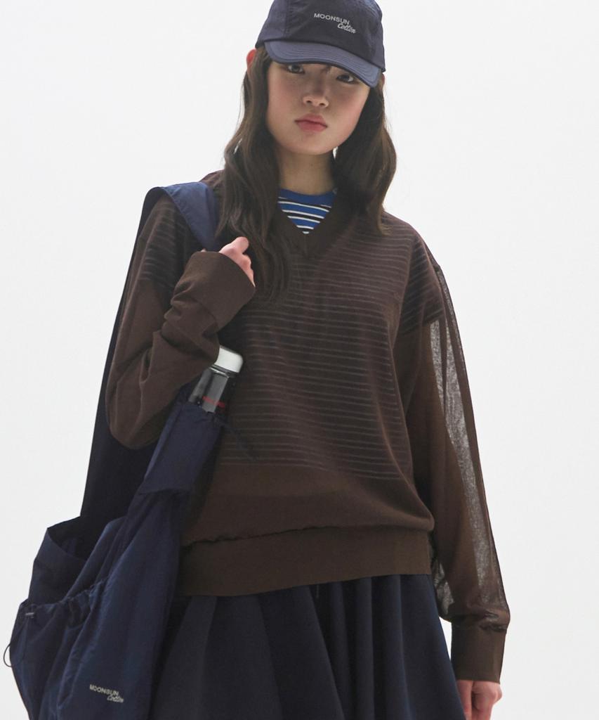 MOONSUN M.C Unisex, Logo Sheer V Neck Knit / Brown