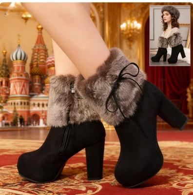 Зимняя обувь, женские сапоги на высоком каблуке, теплая обувь на меху, модная современная женская обувь на очень квадратном высоком каблуке 10 см