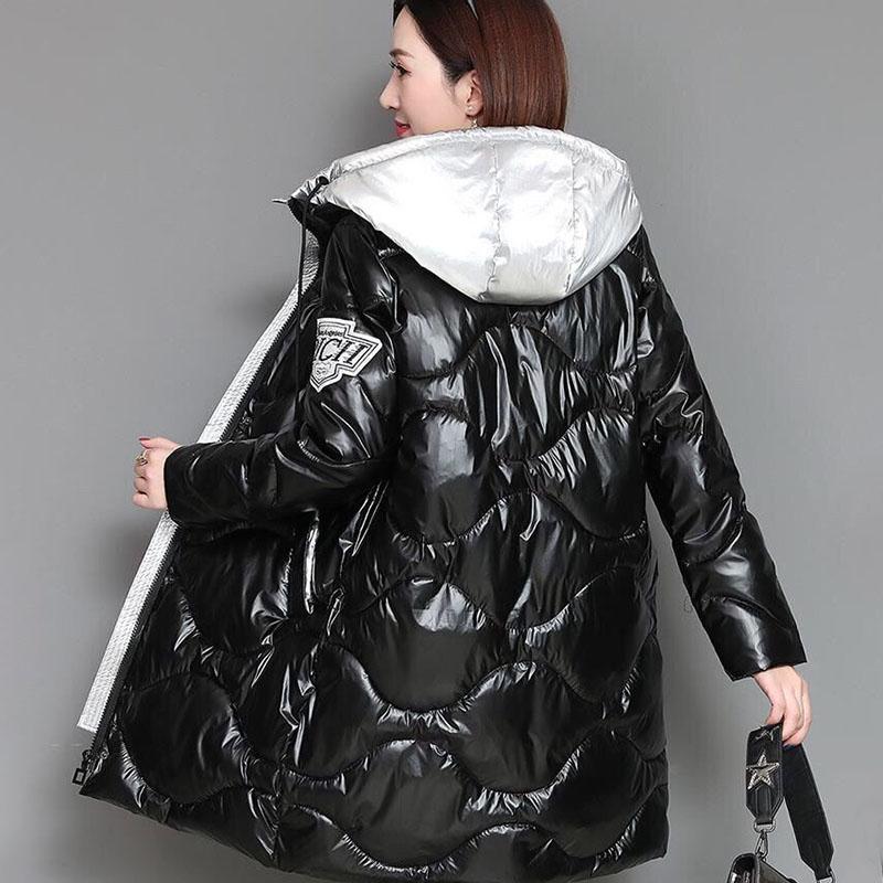 Женское зимнее корейское свободное стеганое пальто, теплая куртка-парка с воротником-стойкой, женская глянцевая куртка средней длины