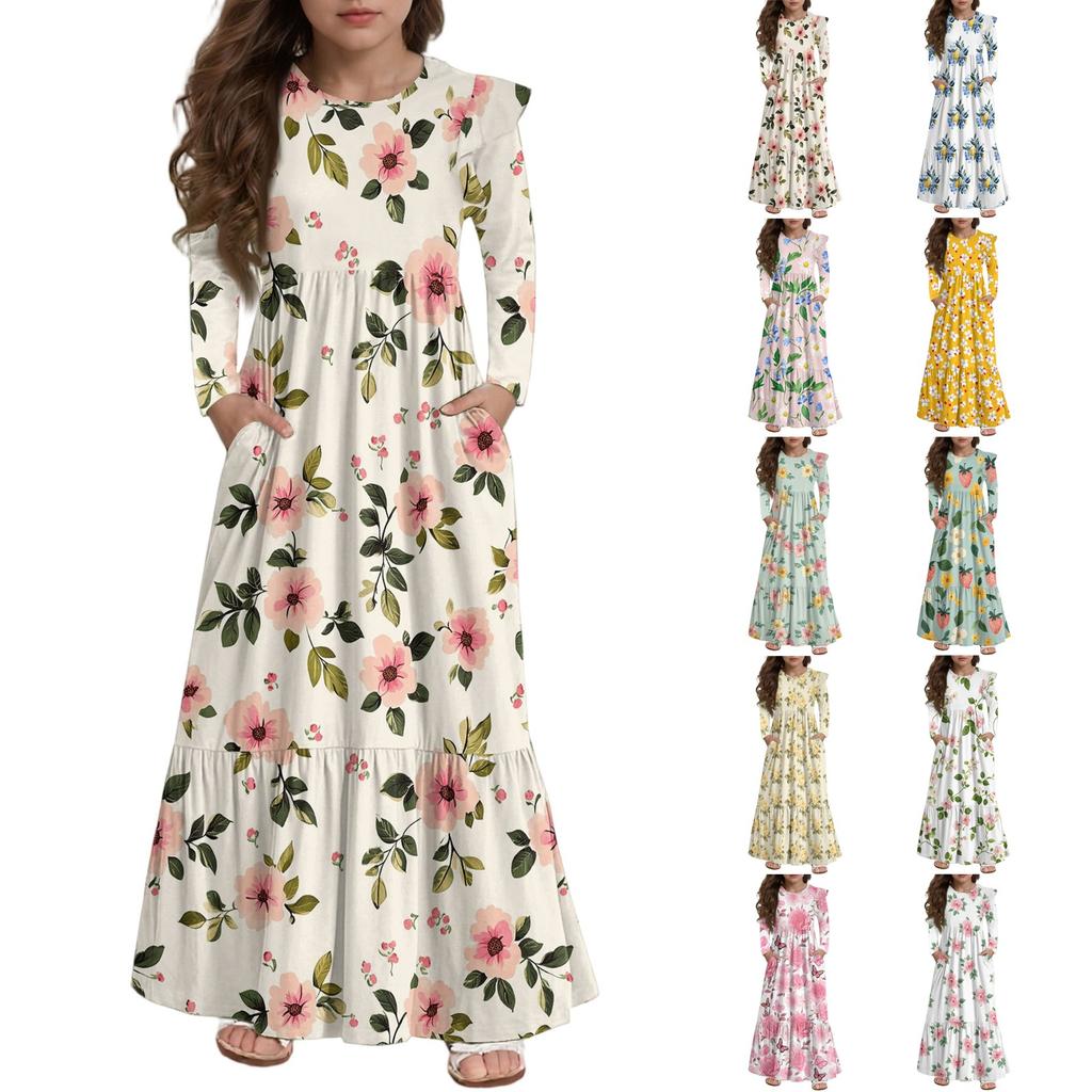 Girls' Tiered Ruffle Dress - Long Sleeve Printed Maxi With Pockets