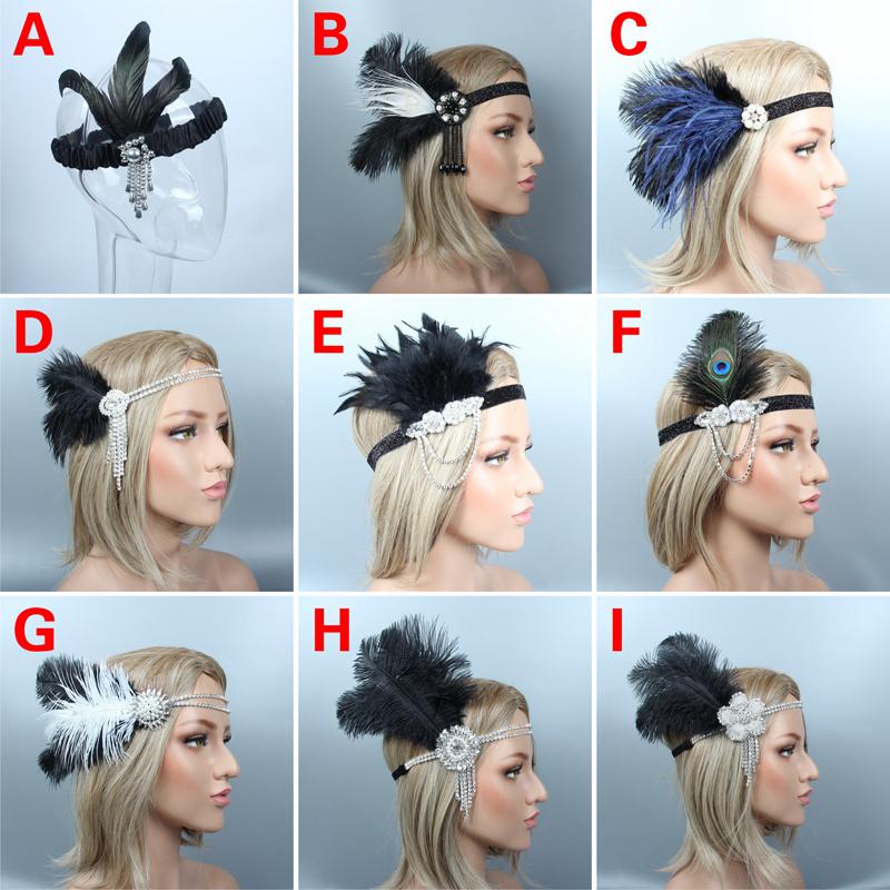 Women Cocktail Feather Headband 1920s Vintage Gatsby Party Headpiece Rhinestone Beaded Lady Black