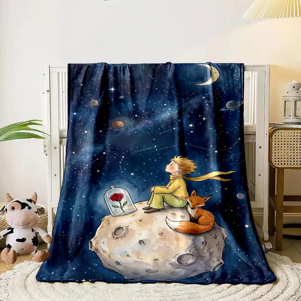 A boy and a fox sit on an asteroid, gazing at the starry night sky. for all seasons blanket lunch break throw gift