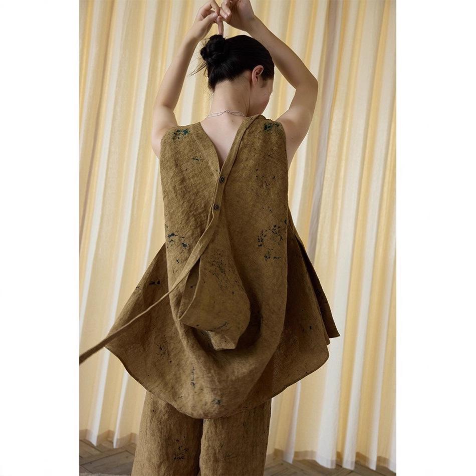 Осенний безрукавный топ из льна с пятнистой текстурой, вдохновленный оригами