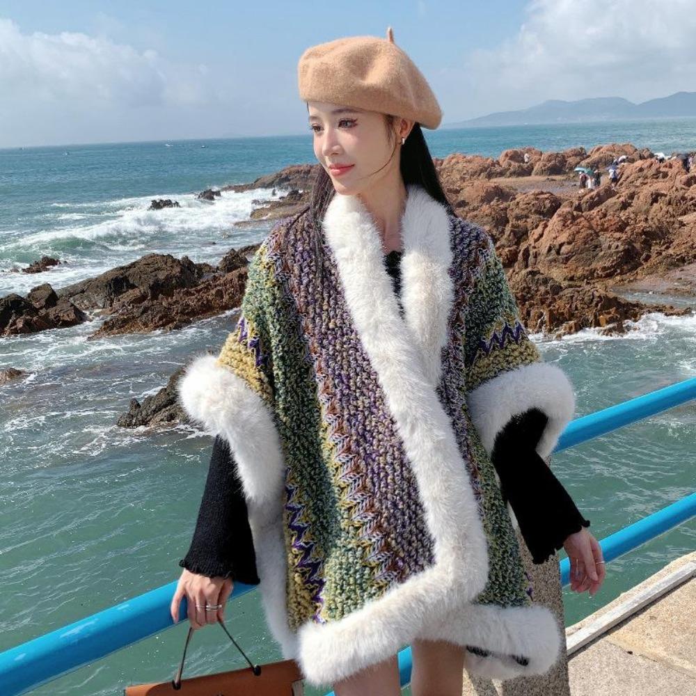 Этнический стиль большой меховой воротник шаль с женской дорожной одеждой осень и зима теплая вязаная куртка накидка шаль прилив