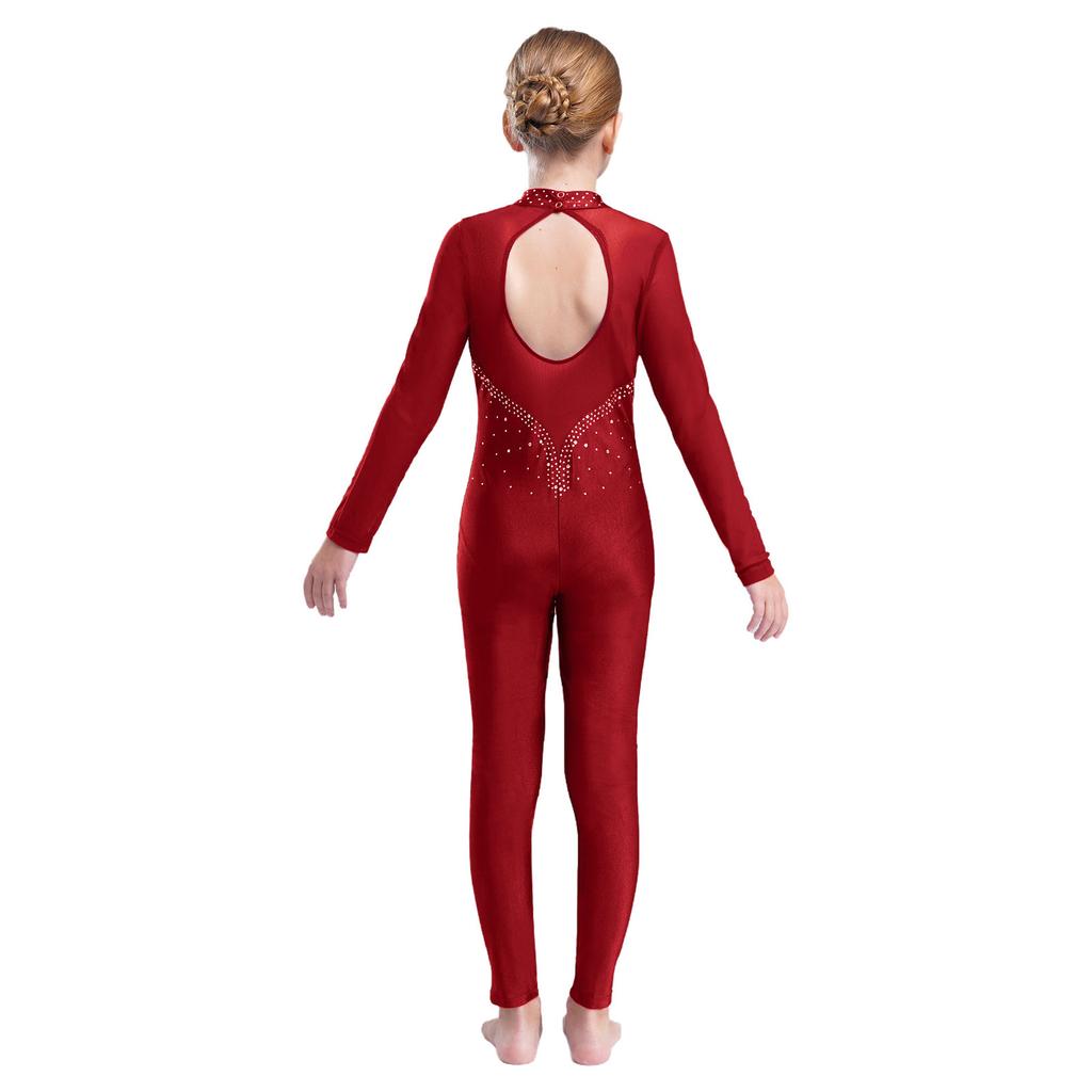 Детский цельный комбинезон с длинными рукавами для девочек, блестящий комбинезон со стразами, боди для танцев всего тела