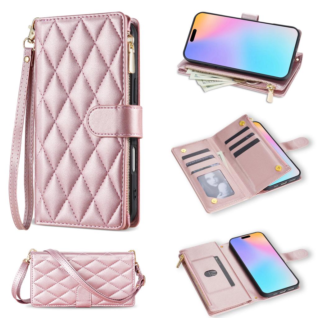 For iPhone 17 Case Rhombus Stitching Leather Wallet Phone Cover with Long/Short Strap