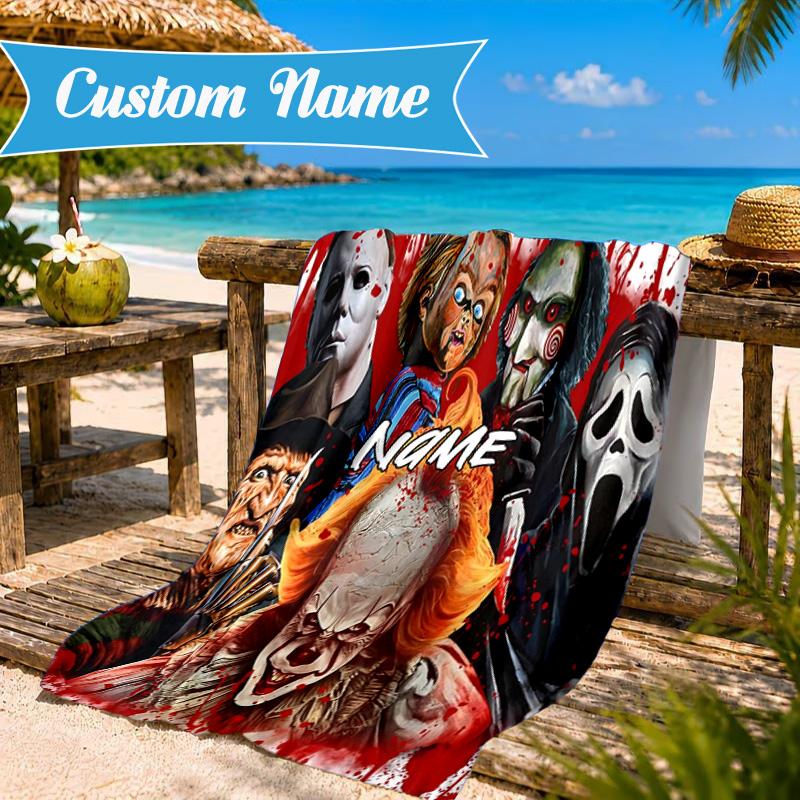 Custom Name Halloween Horror Christmas Beach Towel Microfiber Beach Towel, Lightweight and Quick-Dry, for Summer Travel, Swimming Pool Gift