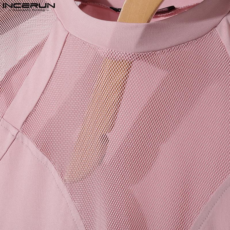 INCERUN Мужская летняя сетчатая футболка с коротким рукавом, лоскутная одежда для вечеринок и клубов