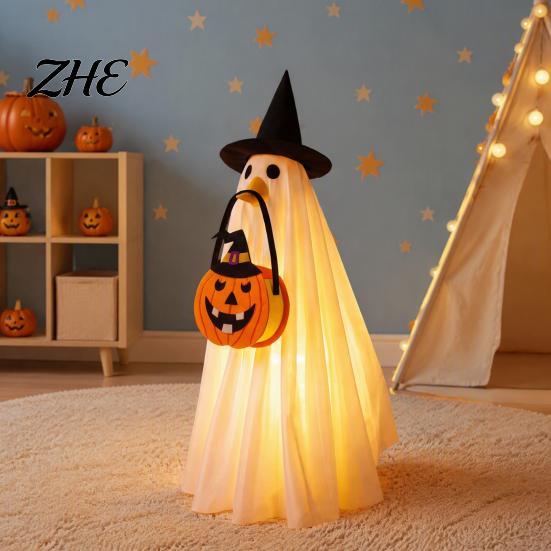 Light Up Halloween Outfit Glowing Ghost Costume with Witch Hat & Pumpkin Tote Bag, LED Theme Party Fabric for Kids, Spooky Cosplay And Yard Decoration