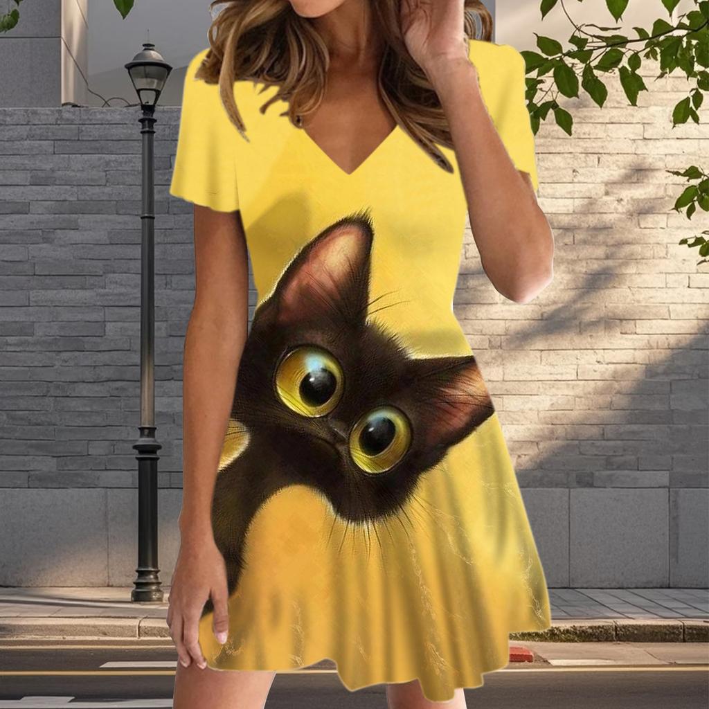 Летняя мода женские V-образный вырез короткий рукав кошачий узор печатных платьев сексуальные короткие юбки платья