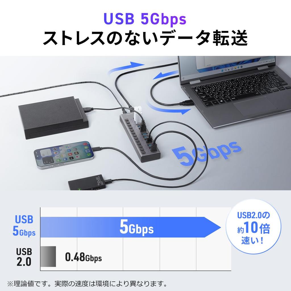USB-концентратор Sanwa Direct с индивидуальными переключателями и USB USB 400-HUBA50GM, 13 портов, с внешним питанием, 3.2/5 Гбит/с