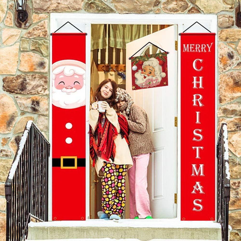 1pair Cloth Santa Claus Christmas Door Banner Cute Snowman Christmas Porch Sign Decorative Christmas Hanging Banner