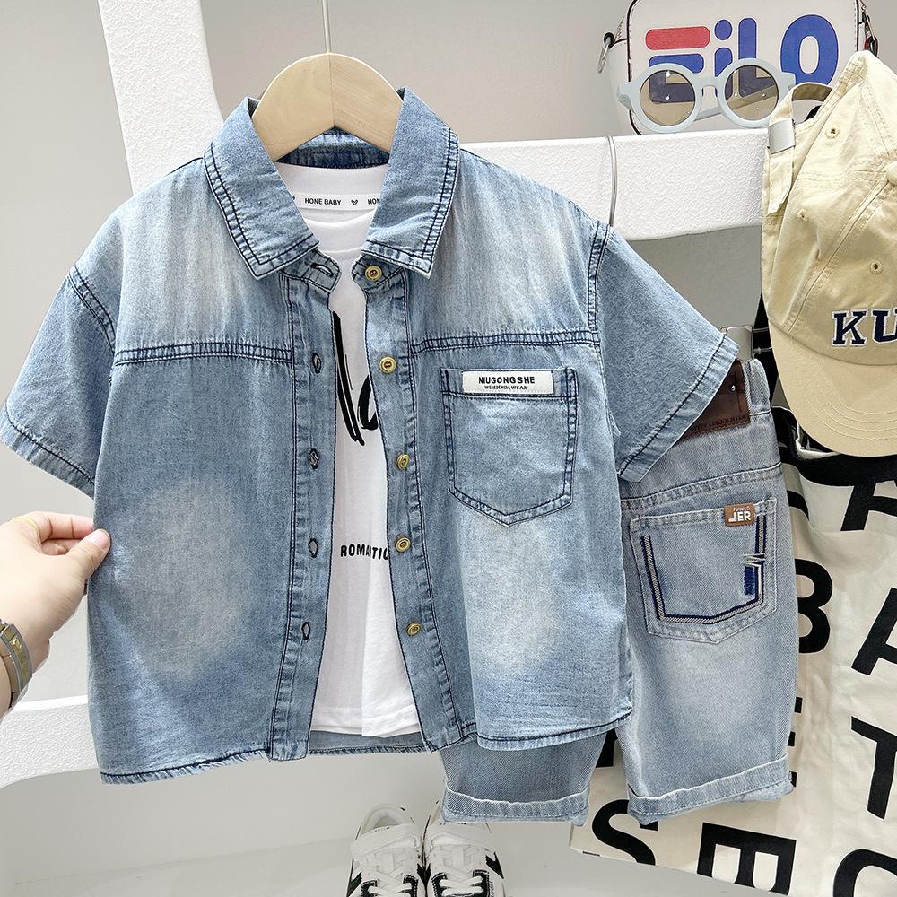 Летняя джинсовая рубашка с коротким рукавом для мальчиков, однотонная мягкая красивая куртка