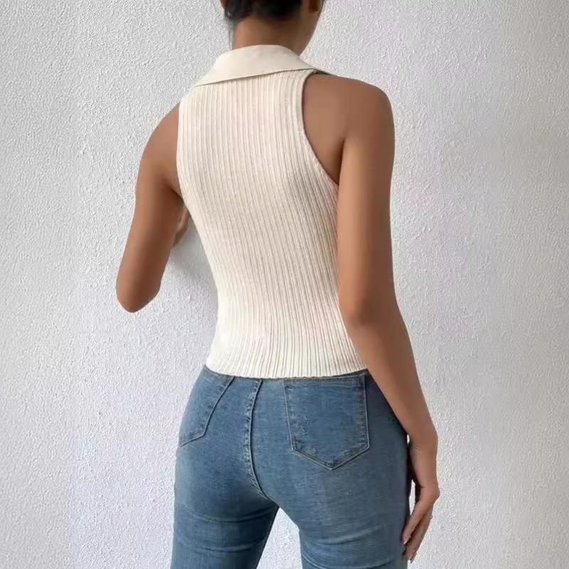 Женский летний новый однотонный жилет-поло с воротником-поло и полосками без рукавов