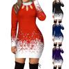 Women's Christmas Party Fashion Cut-out Crewneck Print Long-sleeved Dress