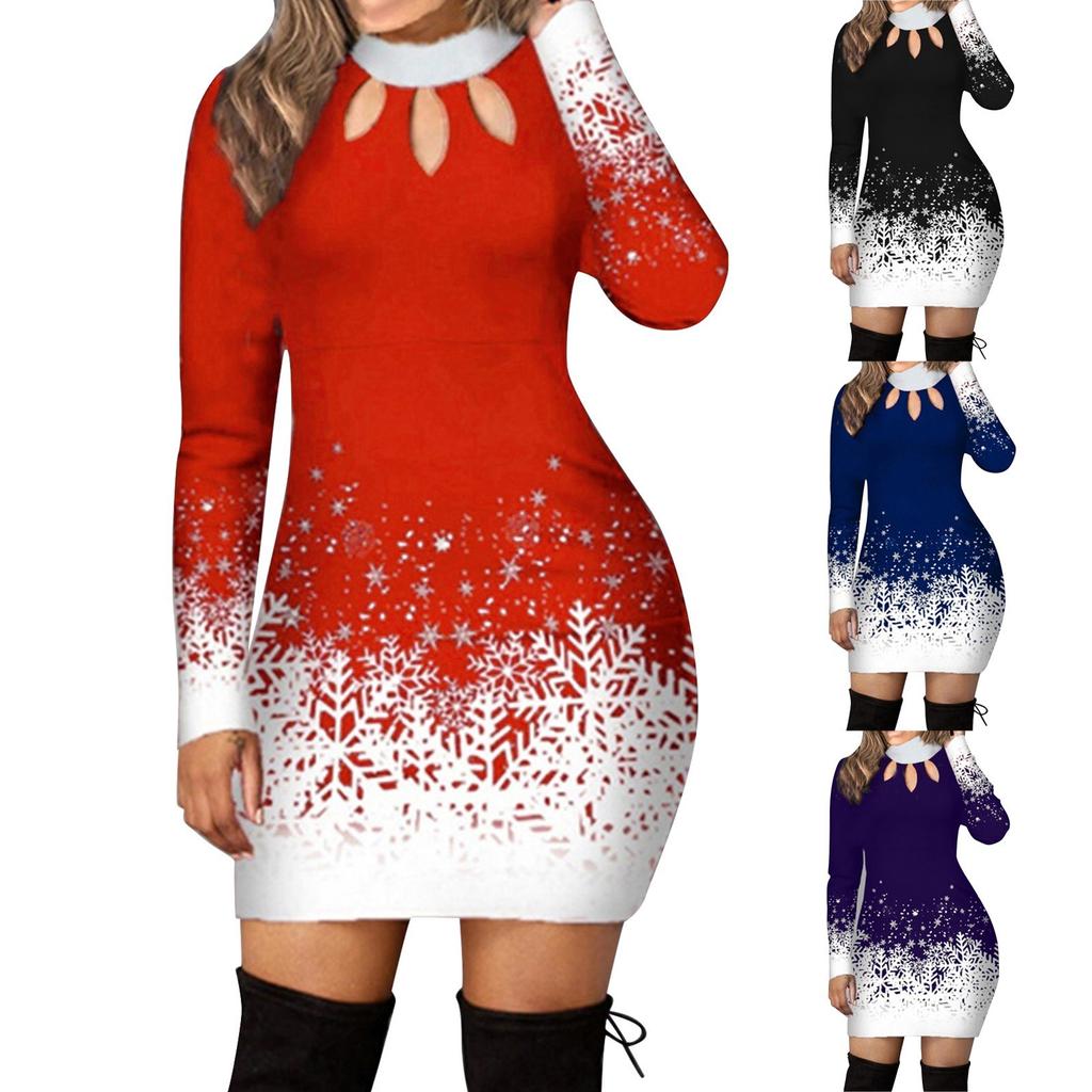 Women's Christmas Party Fashion Cut-out Crewneck Print Long-sleeved Dress