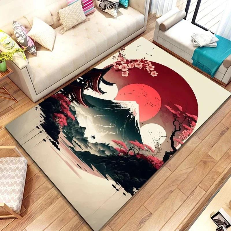3D Japanese Cherry Blossom Floor Mat with Mount Fuji Design Large Soft Carpet for Kids' Bedroom Stylish Rug for Living Room