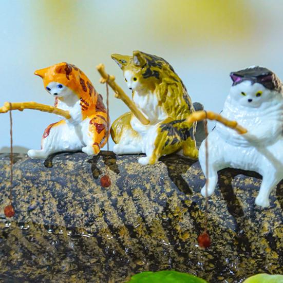 Cat Fishing Figurine Mini Resin Cute Cat Statue Miniature Fish Tank Landscaping Aquarium Decor for Fairy Garden Home Decor