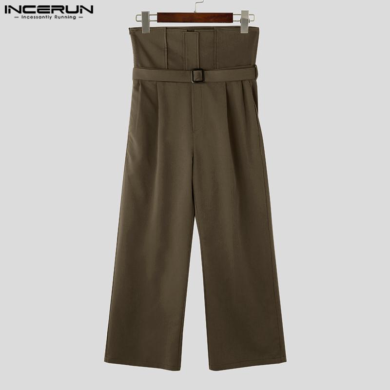 INCERUN Мужские прямые брюки с высокой талией на молнии, однотонные повседневные свободные длинные брюки