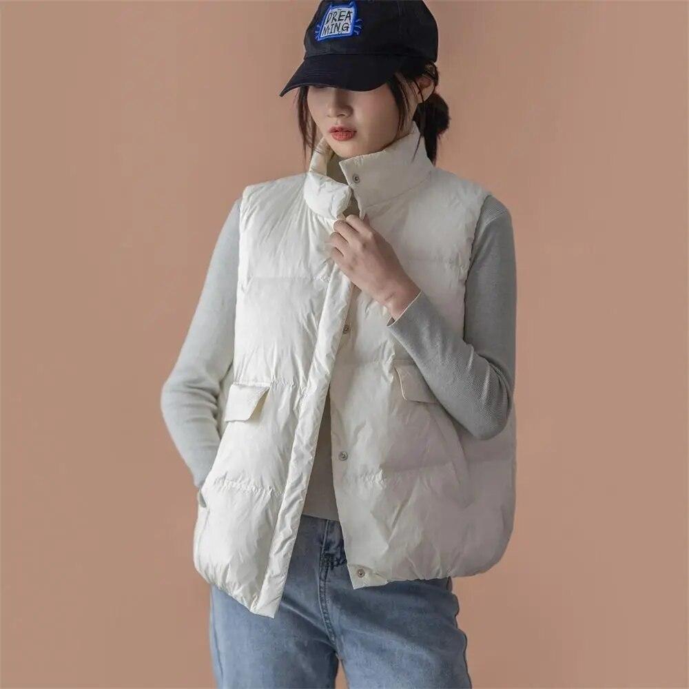 Осень-зима, тонкий пуховик, женский короткий теплый базовый однотонный воротник-стойка, свободный корейский жилет, повседневный жилет с карманами