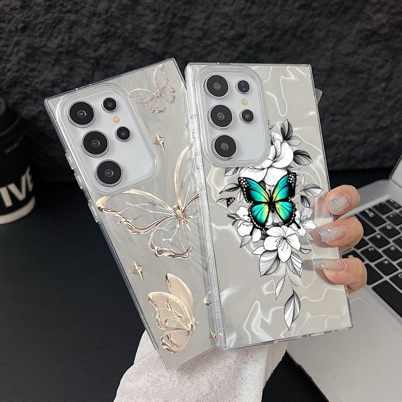 Лазерный чехол для телефона для Samsung Galaxy S25 S24 S23 Ultra S24 FE S22 Plus A55 A15 A16 A35 A25 A54 A56 5G Золотой чехол с принтом бабочки