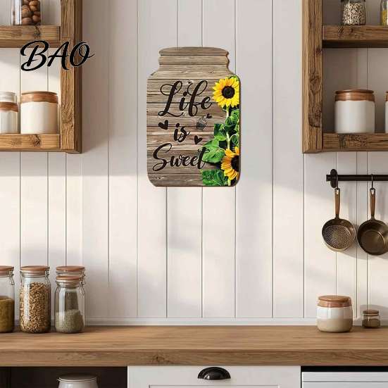 Artistic Wall Decor Panels Mason Jar Shape Decoration, Wooden Art with Sunflower Print, Farmhouse Home Decorations Retro Rustic Hanging for