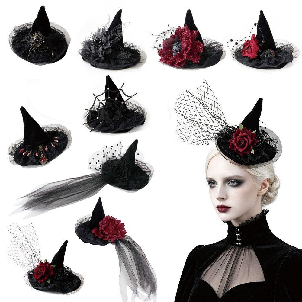 Flower Witch Hat Hair Clip Skull Witch Hairpins Elegant Halloween Hair Clip  Girl