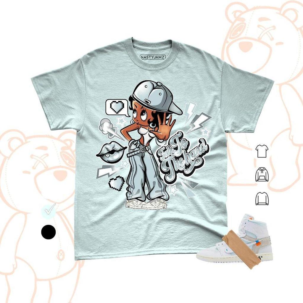 AJ 1 High OW OG Alaska Talk To The Hand 2, Streetwear Graphic Tee, Unisex Casual Tee, Sneaker Match Shirt and kids tshirt, Bella Canvas Color Ice Blue