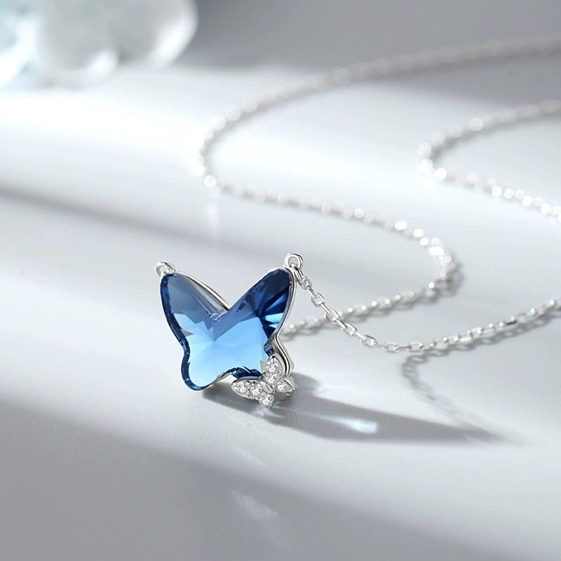 925 Sterling Silver Blue Crystal Butterfly Pendant Necklaces for Women Elegant Daily Wear Silver Necklace Jewelry Gift