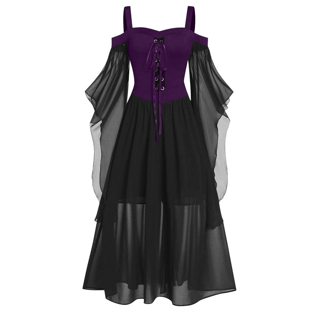 Women Plus Size Cold Shoulder Butterfly Sleeve Halloween Gothic Dress