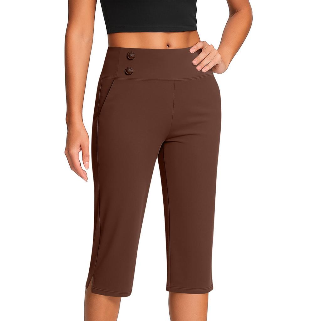 Women's Fashionable Solid Color Button Pocket Pants With Split Hems High Waist Sports Yoga Casual Cropped Pants